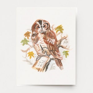 Uilkaart aquarel - Wildlife illustratie print uilkaart voor vriend bosdier boskunst