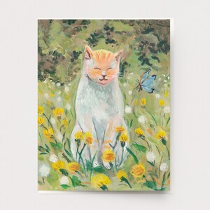 Floral Cat Card - Cat stationery, gift for cat lovers, nature inspired art, happy cat, garden painting, floral illustration