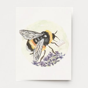 Bee Card Watercolor - Garden inspired gift for gardener animal illustration bug floral card nature insect