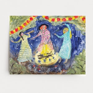 Goddess Bonfire Card - Art inspirant de célébration d'amitié, danse de salutation d'amour de nature pour l'anniversaire d'un ami, femmes magiques de nature magique