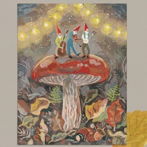 Cartão de festa de cogumelo - saudação de aniversário caprichosa, arte mágica de gnomo, presente de cogumelo florestal, amigo de celebração alegre