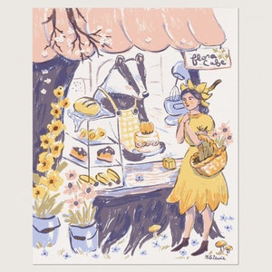 Fairy Cafe Print - wystrój pokoju dziecięcego z motywem leśnego borsuka, bajkowa książka z bajkami o kwiatach, fantazyjny obraz, radosna sztuka fantasy