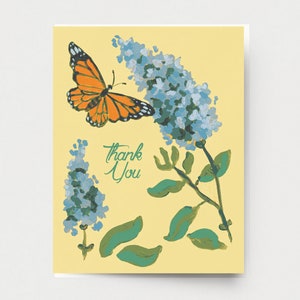 Tarjeta de agradecimiento lila - Tarjeta de felicitación de flores tarjeta de jardín mariposa flor arte ilustración botánica