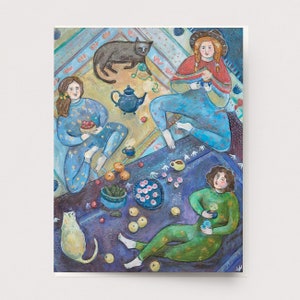 Quilt Friends Karte - Bunte Frauen kreative Malerei, Muster Freundschaft Katzen Tee, inspirierende Picknick Pflanzen Faserkünste