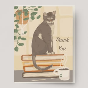 Tarjeta de agradecimiento de gato: tarjetas de regalo de Bookish para amantes de los gatos, tarjeta de agradecimiento para amantes de los libros, café acogedor
