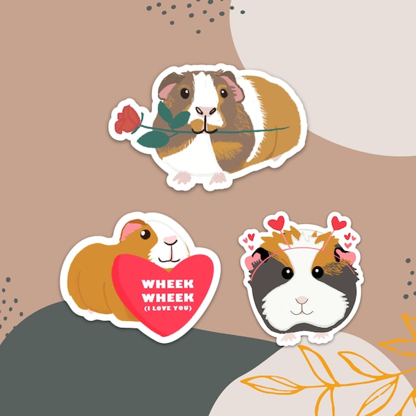 Guinea Pig Stickers 3-pack, Three Beautifully Illustrated Guinea Pigs Water Proof Vinyl Stickers, Great Valentines Day Gift