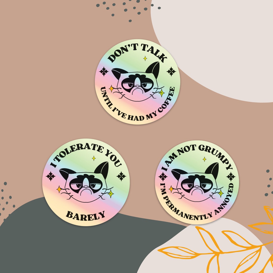 Grumpy Cat Holographic Sticker Set - Coffee, Tolerance, Permanently ...
