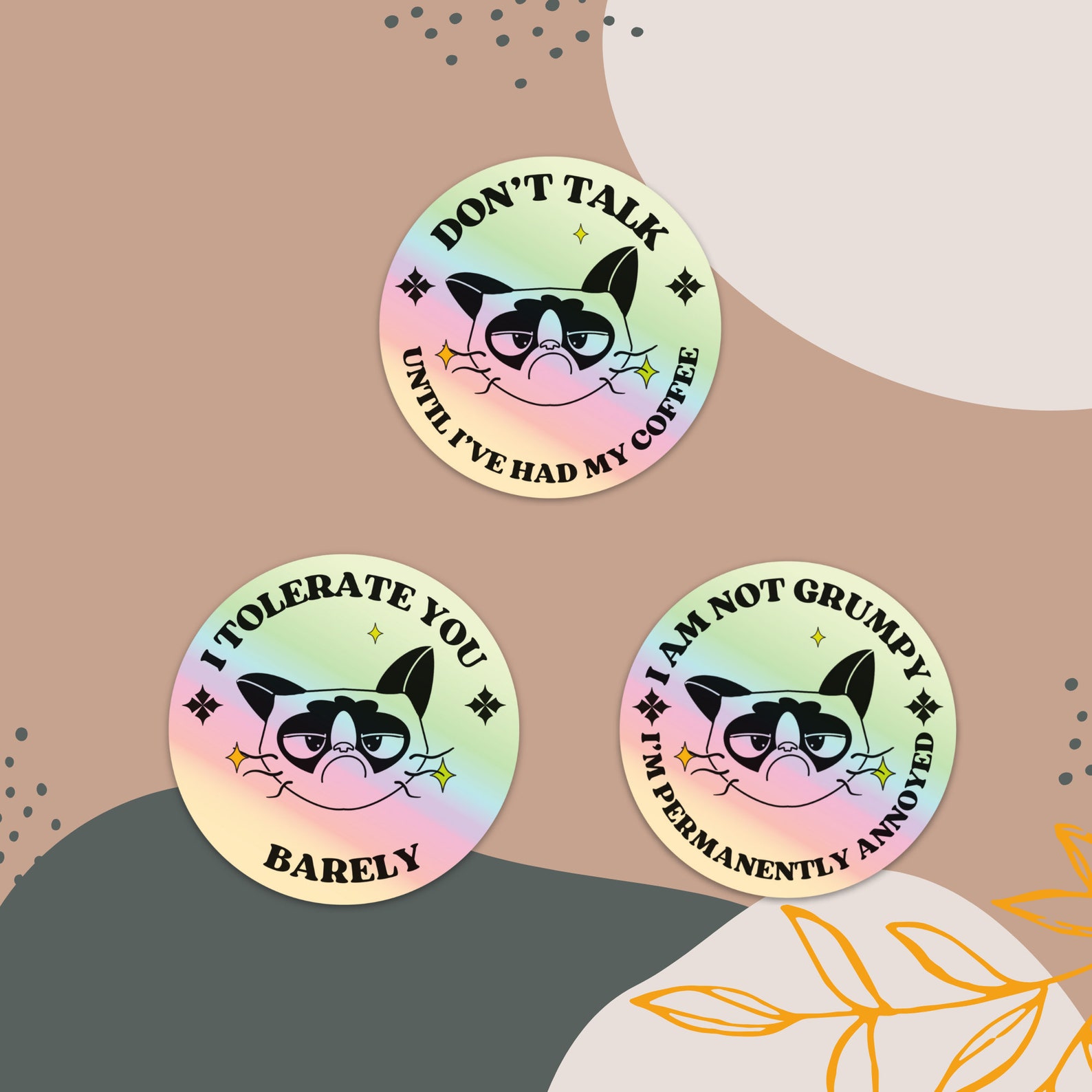 Grumpy Cat Holographic Sticker Set - Coffee, Tolerance, Permanently ...
