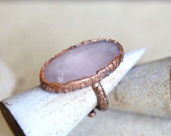 Rose Quartz Ring Copper, Large Oval Gemstone Cocktail Ring
