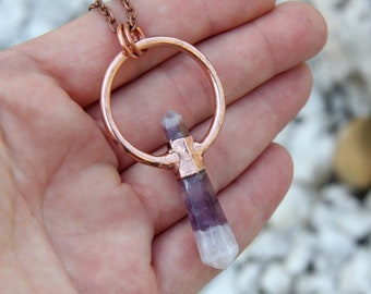 Amethyst Pendel, Amethyst Anhänger Halskette. Kupfer Halskette durch Galvanoplastik. Magischer Hexenschmuck.