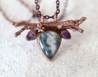 Moos Agate and Amethyst Necklace, Twig Necklace. Multi Stone Pendant. Woodland Necklace.  Jewelry inspired by Nature