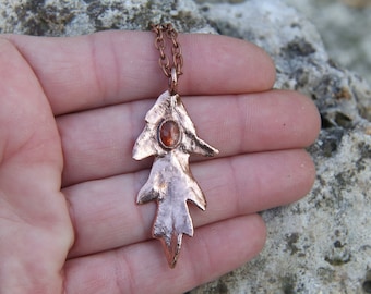 Sunstone Leaf Necklace, Copper Sunstone Pendant. Oak Leaf Necklace. Nature Jewelry.