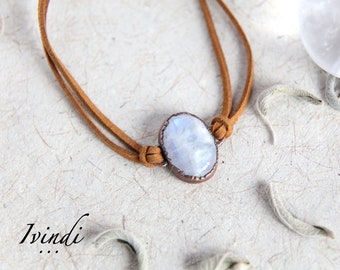 Pulsera con Piedra de Luna de Cuero y Cobre Ajustable, Pulsera Boho con piedra regalo para chica