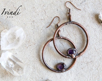 Amethyst Hoop Earrings February Birthstone Gift for Her, Purple Gemstone Boho Earrings