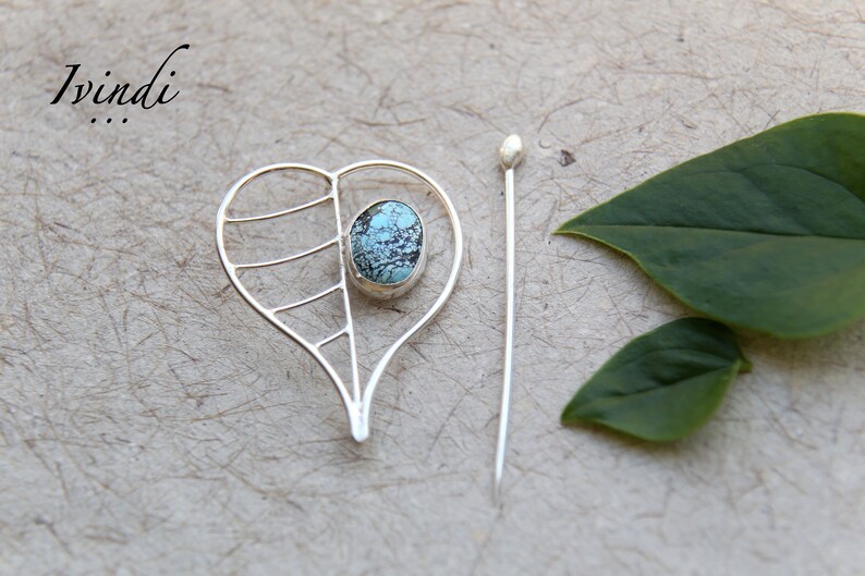 Sterling Silver Leaf Brooch Silver Brooch Pin. Natural Turquoise Heart Brooch