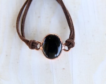 Pulsera Onyx y Cobre, Ajustable con Piel Vegana.