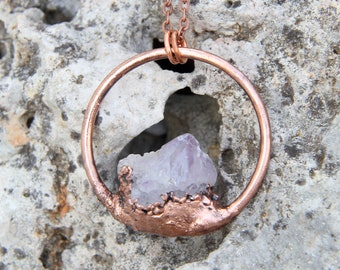 Raw Amethyst Necklace, Copper Amethyst Pendant. Witch Jewelry