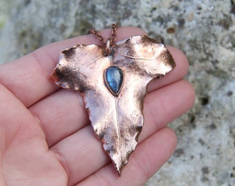 Ivy Leaf Necklace, Labradorite Leaf Pendant. Copper Nature Jewelry.