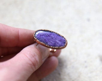 Charoite Ring, Natural Gemstone Copper Ring. Adjustable.