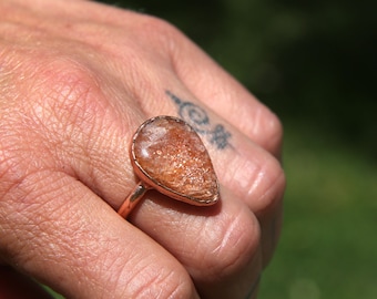Sunstone Ring, Adjustable Ring, Natural Stone Copper Ring. Sunstone Jewelry.