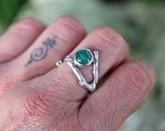 Sterling Silver Malachite Ring, Silver Twig Ring. Nature Jewelry