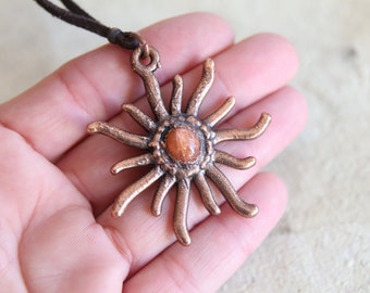 Sunstone Necklace, Sun Pendant. Copper Sunstone Pendant. Adjustable Vegan Sun Necklace. Sunstone Jewelry