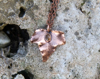 Tiger Eye Leaf Pendant, Ivy Leaf Necklace, Copper Nature Jewelry. Electroforming Natural Treasures.