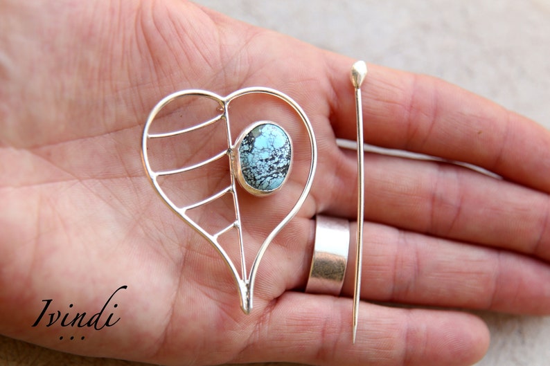Sterling Silver Leaf Brooch Silver Brooch Pin. Natural Turquoise Heart Brooch