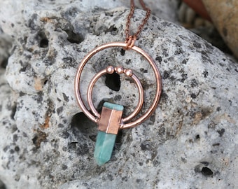 Natural Amazonite Necklace, Long Gemstone Pendulum. Amazonite Pendant Pure Copper. Witch Pendulum Necklace. Witch Jewelry.