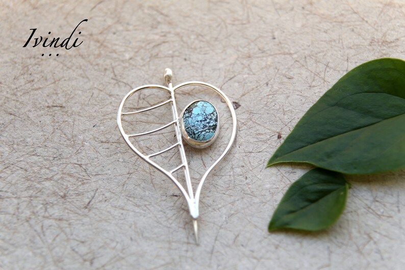 Sterling Silver Leaf Brooch Silver Brooch Pin. Natural Turquoise Heart Brooch
