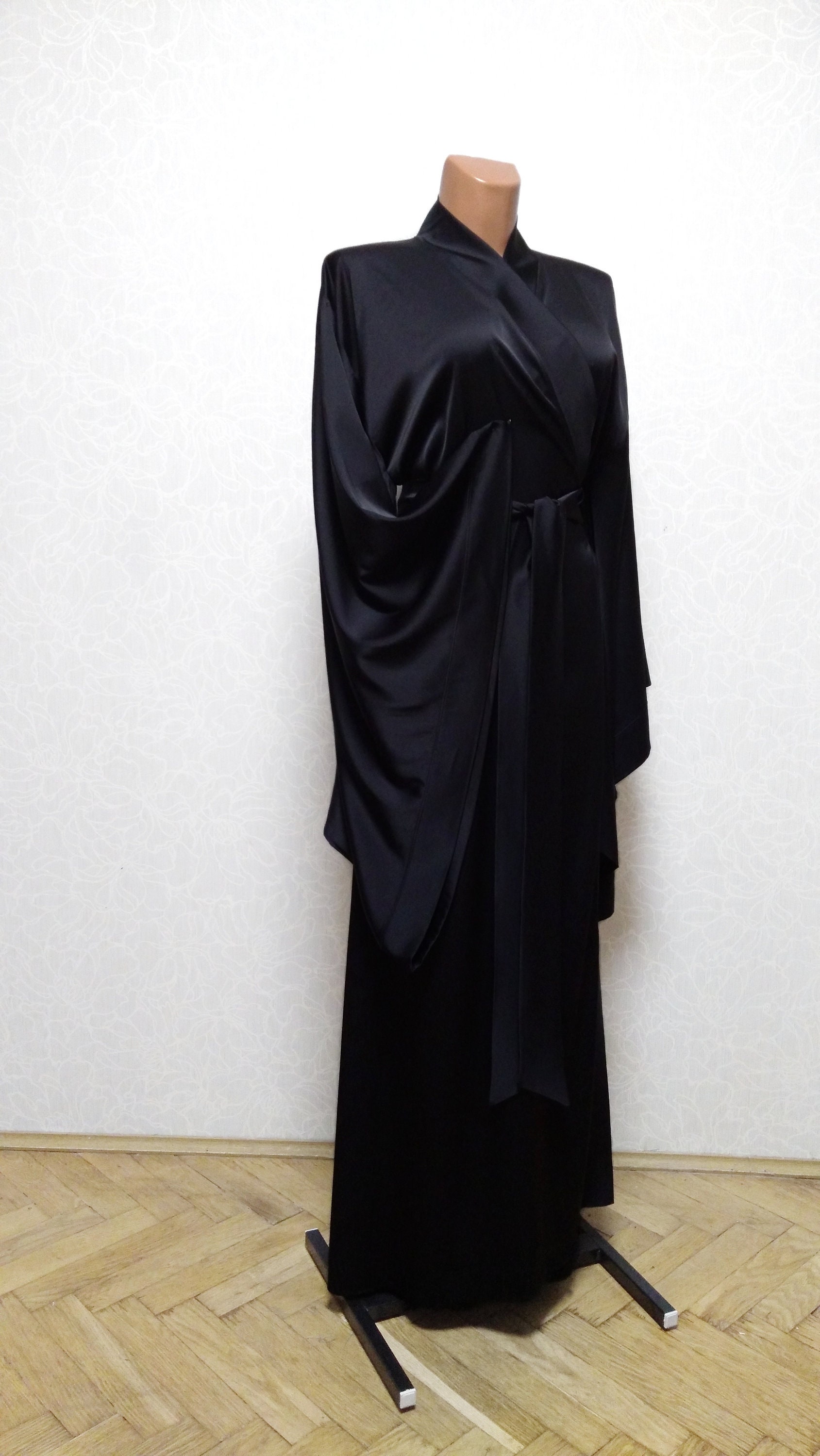 Long satin silk robe Wrap style Silk dressing gown black Etsy