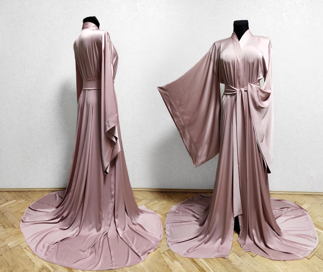 Long Satin Robe With Train, Floor Length Robe, Bride Robe for Wedding Day,  Silk Robe 24 Colors, Long Kimono Dress