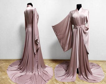 Satin Silk Kimono Robe with Train, Wedding Robe