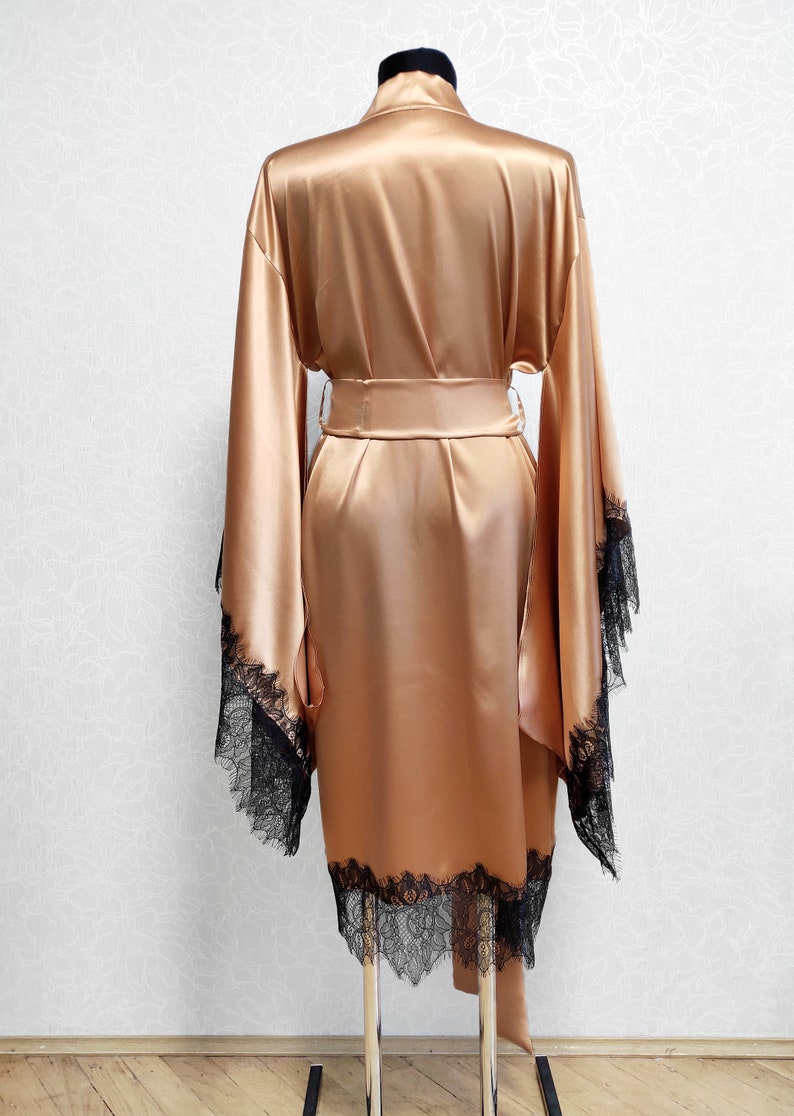 Silk Lace Robe Gold Kimono Robe Silk Bride Robe Black Lace Etsy UK