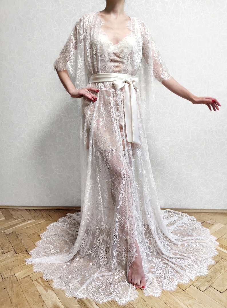 Long Sheer Bridal Robe White Bride Robe Sheer Lingerie Etsy