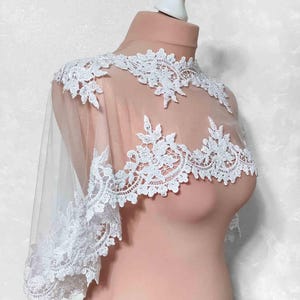 White Handmade Lace Wedding Capelet: Beaded Tulle Bridal Shawl