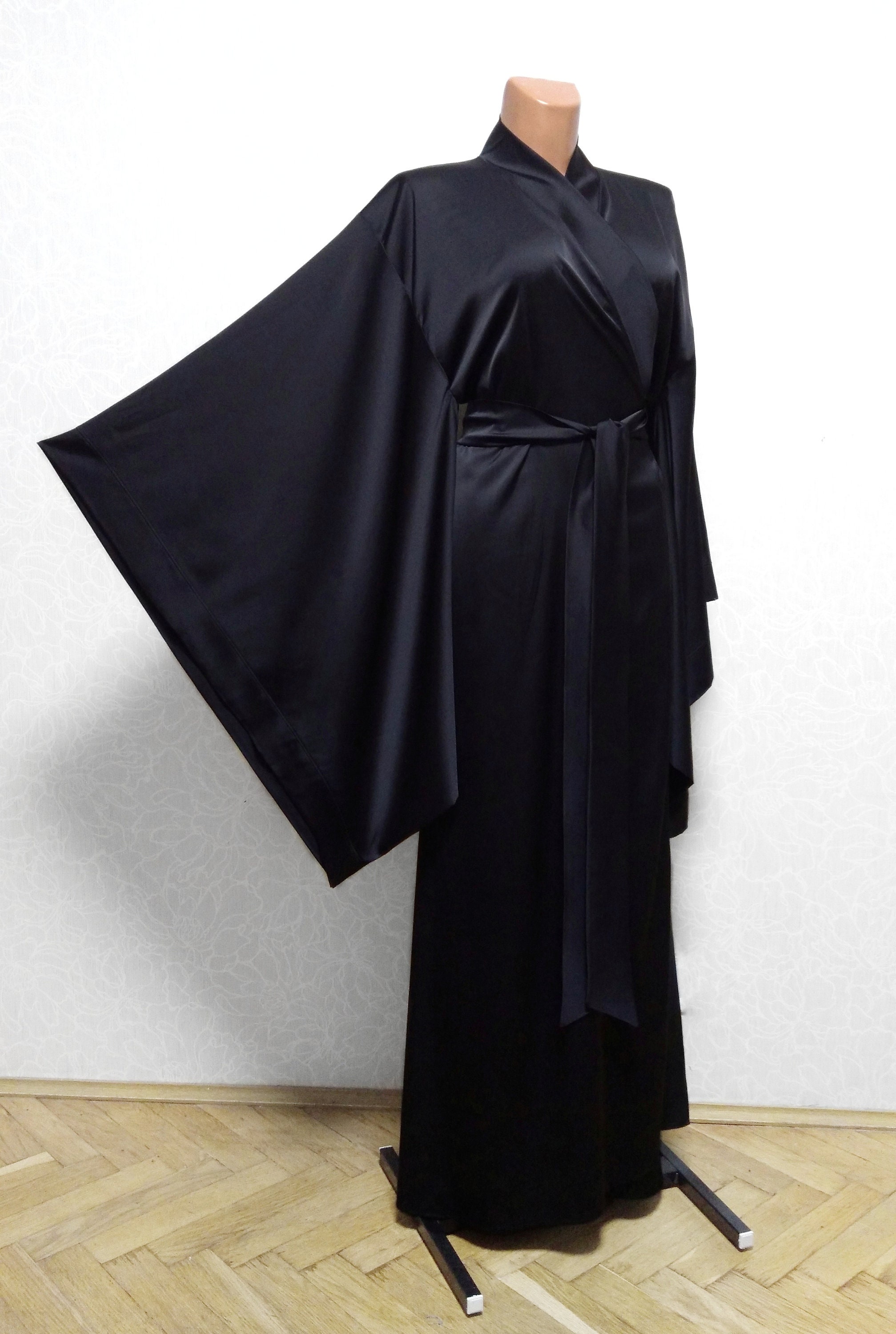 Long satin silk robe Wrap style Silk dressing gown black | Etsy