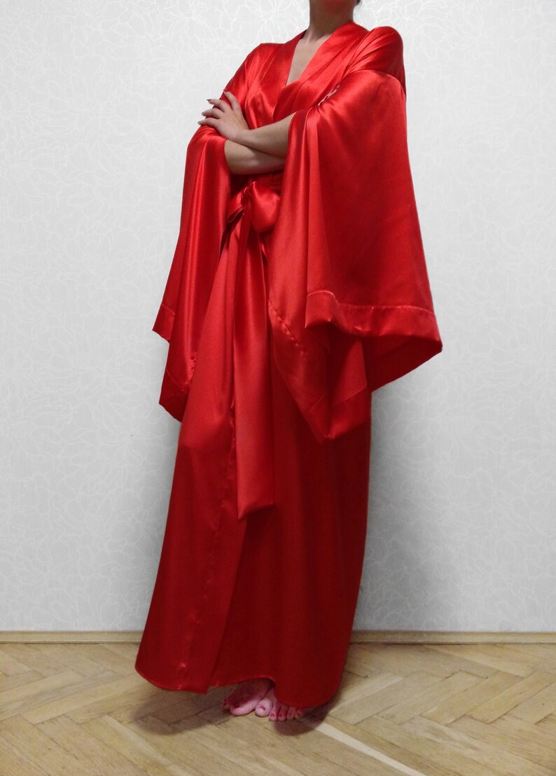 Red Kimono Dressing Gown Silk Kimono Robe Long Satin Robe Etsy