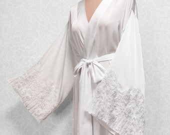 White Satin Bride Robe: Lace Sleeves, Floor Length Kimono