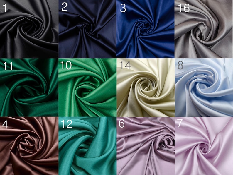May include: A collection of 16 different colors of satin fabric swatches. The swatches are arranged in a grid of four rows and four columns. Each swatch is folded in a spiral shape.
