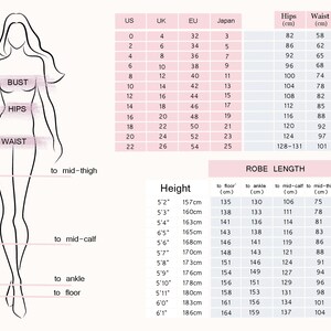 May include: A size chart for women's clothing with measurements in inches and centimeters. The chart includes US, UK, EU, and Japanese sizes, as well as measurements for hips, waist, and bust. The chart also includes robe length measurements for different heights.