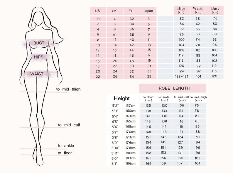 May include: A size chart for women's clothing with measurements in inches and centimeters. The chart includes US, UK, EU, and Japanese sizes, as well as measurements for hips, waist, and bust. The chart also includes robe length measurements for different heights.