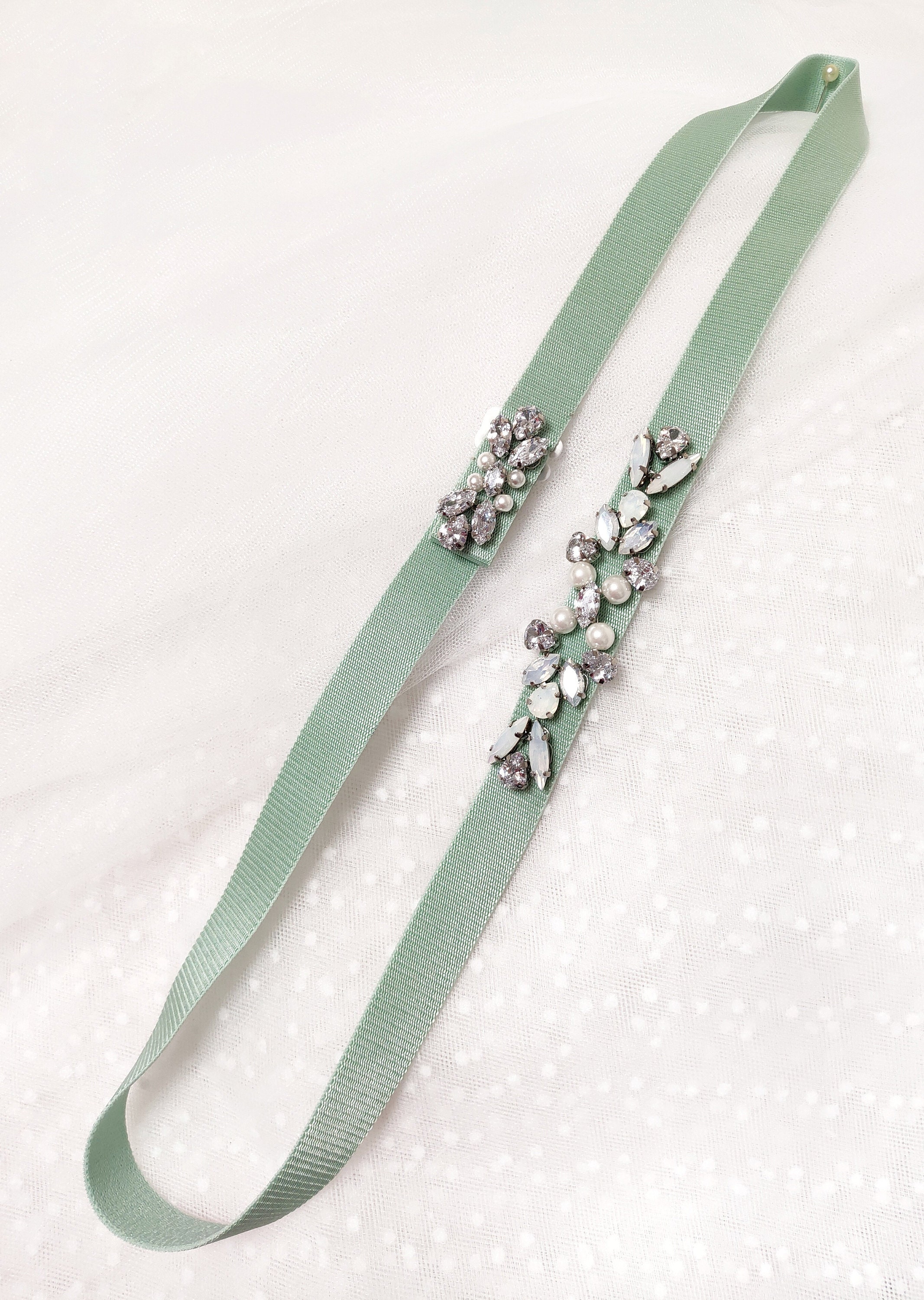 Handmade Sage Green Bridal Belt: Crystal Rhinestone Wedding 