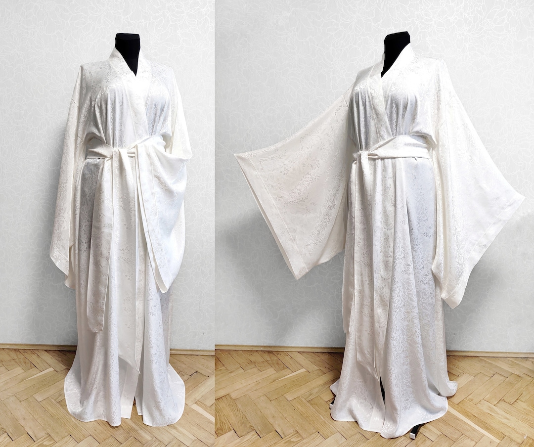 Cotton Kimono Robe, Floor Length Robe, White Bride Robe, Silk Bridal