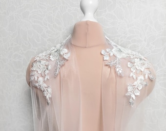 Ivory Tulle Wedding Shawl: Lace Bridal Veil Scarf with Pearls