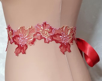 Rote Spitze Brautkleid Schärpe: Bestickte Blumenmädchen Gürtel