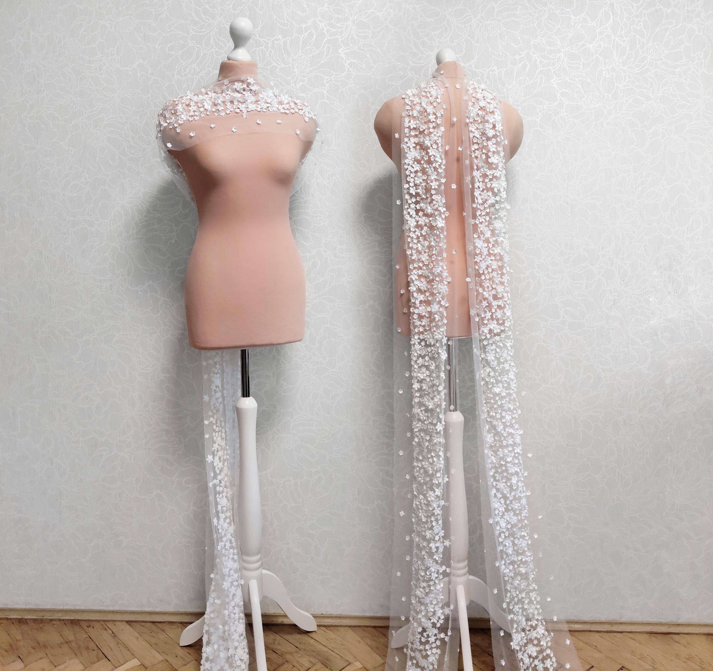 3D Floral Bridal Shawl: White Embroidered Tulle Wedding