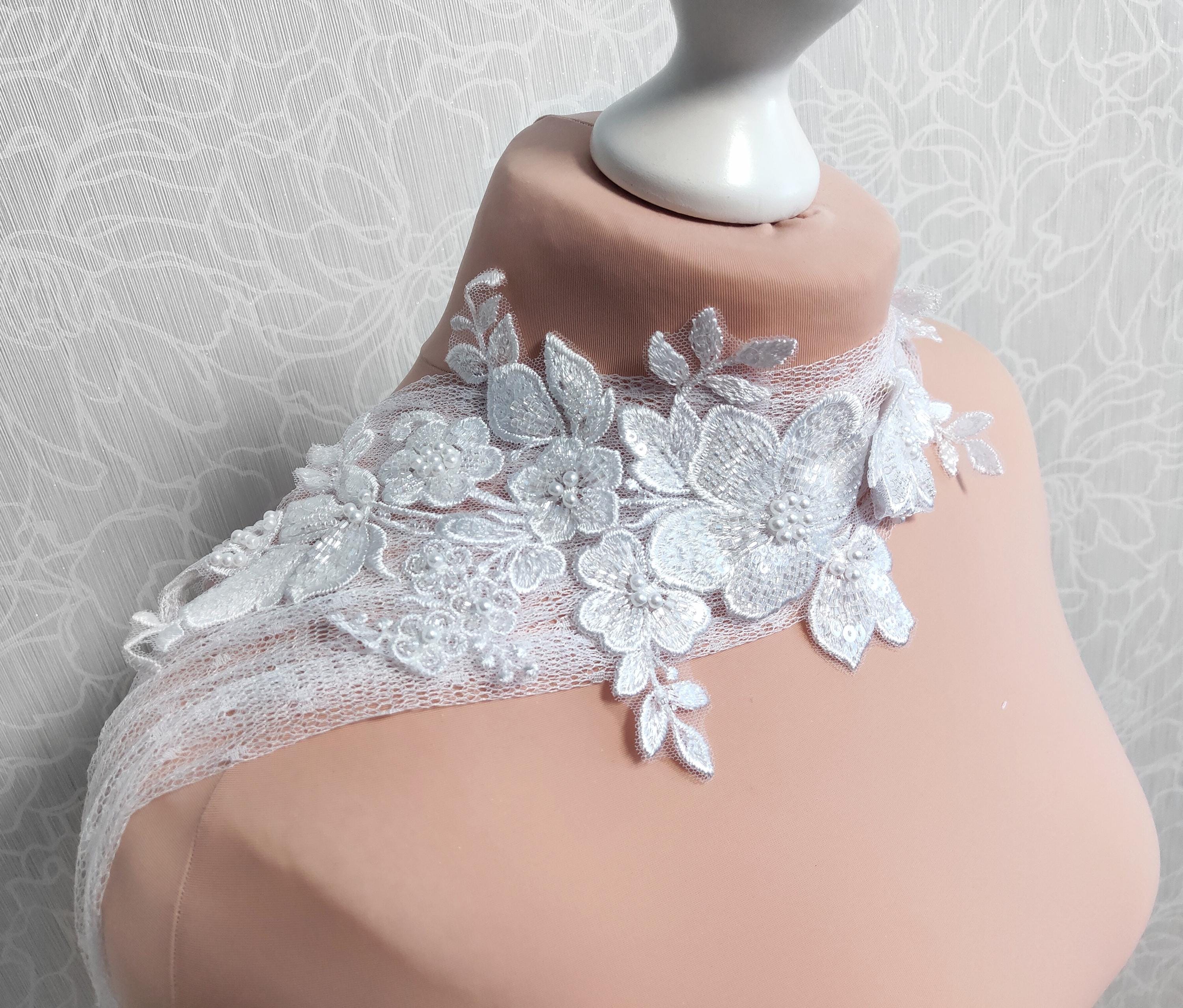 Floral Lace Applique Tulle Bridal Cape Scarf - White Wedding Shawl