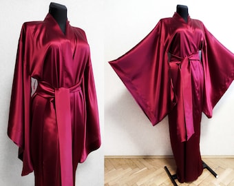 Burgundy silk kimono robe, 24 colors Mulberry, silk kimono, Long Satin Robe, Dressing gown woman, plus size nightgown, bridal party robes,