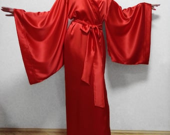 Red Mulberry Silk Kimono Robe: Long Satin Dressing Gown Custom long
